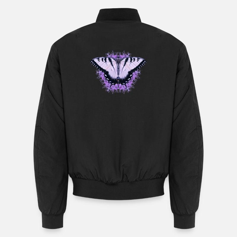 Weißer Schmetterling mit lila Blüte Unisex Bomberjacke