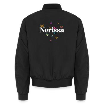 Beau prénom de fille NERISSA avec des papillons - Bomber unisexe - noir - Dos - AI Model Male 185 light (185cm)