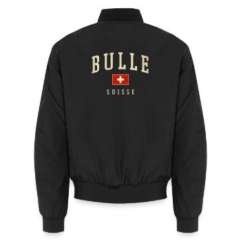 Bulle Schweiz Design - Varsity Stil - Unisex Bomberjacke - Schwarz - Hinten - AI Model Male 185 light (185cm)