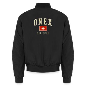 ONEX Schweiz Design - Schweizer Flagge - Unisex Bomberjacke - Schwarz - Hinten - AI Model Male 185 light (185cm)