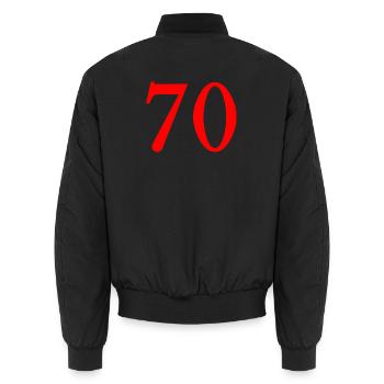70. 70 YEARS. 70th ANNIVERSARY. 70 YEARS ANNIVERSARY. - Unisex Bomber Jacket - black - Back - AI Model Male 185 light (185cm)