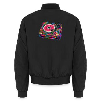 Bunter Plattenspieler mit Früchten und Blüten  - Unisex Bomberjacke - Schwarz - Hinten - AI Model Male 185 light (185cm)