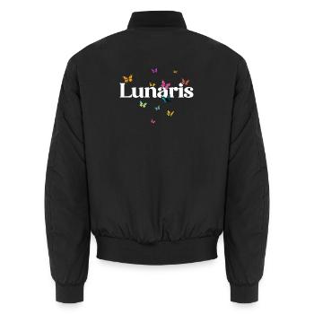 Beautiful girl's name LUNARIS with butterflies - Unisex Bomber Jacket - black - Back - AI Model Male 185 light (185cm)