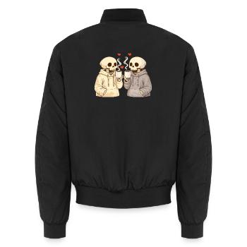 Cozy Skeleton Couple with Cups – Warm Moments - Unisex Bomber Jacket - black - Back - AI Model Male 185 light (185cm)