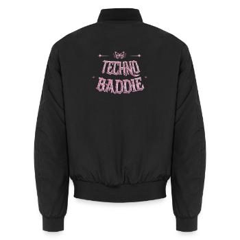 Techno Baddie Outfit - Rave Festival Techno Girl - Unisex Bomber Jacket - black - Back - AI Model Male 185 light (185cm)