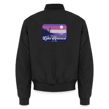 Lake America Leuchtturm Sonnenuntergang - Unisex Bomberjacke - Schwarz - Hinten - AI Model Male 185 light (185cm)