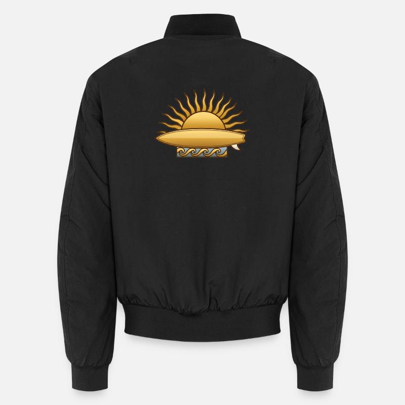 Soleil doré avec planche de surf et surfeur des vagues de mer Bomber unisexe