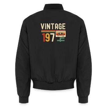 VINTAGE 1970's Cassette Tapes - Unisex Bomber Jacket - black - Back - AI Model Male 185 light (185cm)