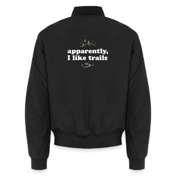 Wandern. Anscheinend mag ich Trails - Unisex Bomberjacke - Schwarz - Hinten - AI Model Male 185 light (185cm)