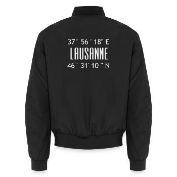 Lausanne Coordinates Typo Graphic - Unisex Bomber Jacket - black - Back - AI Model Male 185 light (185cm)