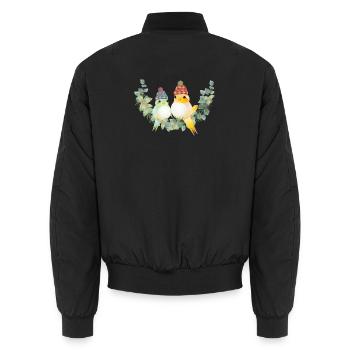 zwei bunte Vögel mit Bommelmütze für Weihnachten - Unisex Bomberjacke - Schwarz - Hinten - AI Model Male 185 light (185cm)