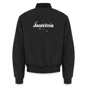 Beautiful girl's name with butterflies JASMINA - Unisex Bomber Jacket - black - Back - AI Model Male 185 light (185cm)