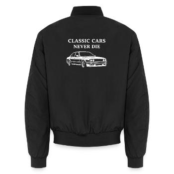 Classic Cars Never Die – Vintage Car Shirt - Unisex Bomber Jacket - black - Back - AI Model Male 185 light (185cm)