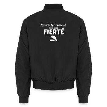 Lauf langsam, aber mit Stolz - Unisex Bomberjacke - Schwarz - Hinten - AI Model Male 185 light (185cm)