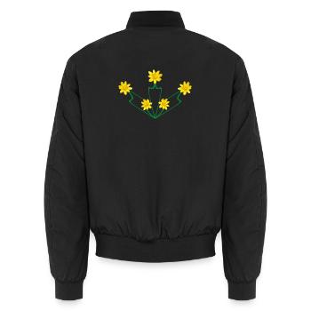 Art Nouveau Buttercup Crest – Symmetrical Floral - Unisex Bomber Jacket - black - Back - AI Model Male 185 light (185cm)