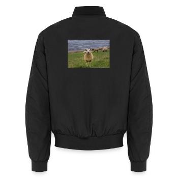 Sheep on the dike on the coast - Unisex Bomber Jacket - black - Back - AI Model Male 185 light (185cm)