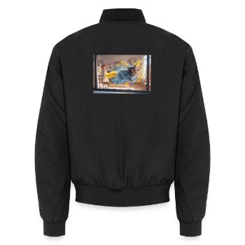 Funny cartoon cat creating chaos in art studio wit - Unisex Bomberjacke - Schwarz - Hinten - AI Model Male 185 light (185cm)