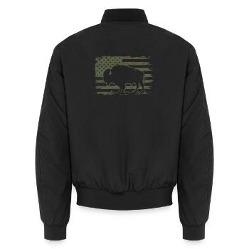 Tarn-US-Flagge-Bison-Silhouetten-Design - Unisex Bomberjacke - Schwarz - Hinten - AI Model Male 185 light (185cm)
