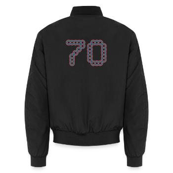 70. 70 YEARS. 70th ANNIVERSARY. 70 YEARS ANNIVERSARY. - Unisex Bomber Jacket - black - Back - AI Model Male 185 light (185cm)