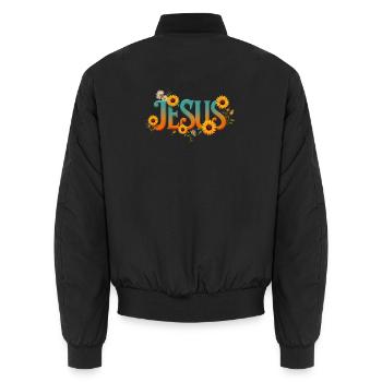 Blumiges Jesus Wort Motiv - Unisex Bomberjacke - Schwarz - Hinten - AI Model Male 185 light (185cm)
