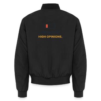 Niedriger Akku. Hohe Meinungen. - Unisex Bomberjacke - Schwarz - Hinten - AI Model Male 185 light (185cm)