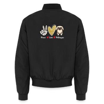 Peace Love Pekingese - Peke Dog Mom Dad Lap Dog - Unisex Bomber Jacket - black - Back - AI Model Male 185 light (185cm)