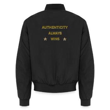AUTHENTICITY ALWAYS WINS – Gold Motivational Quote - Unisex Bomber Jacket - black - Back - AI Model Male 185 light (185cm)