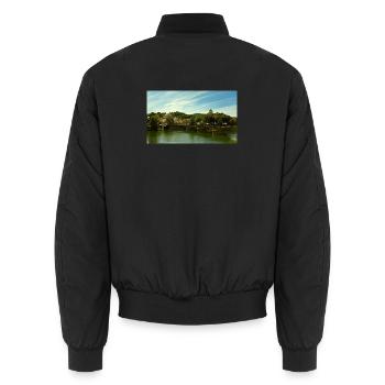 Panorama of the city by the river and bridge - Unisex Bomber Jacket - black - Back - AI Model Male 185 light (185cm)