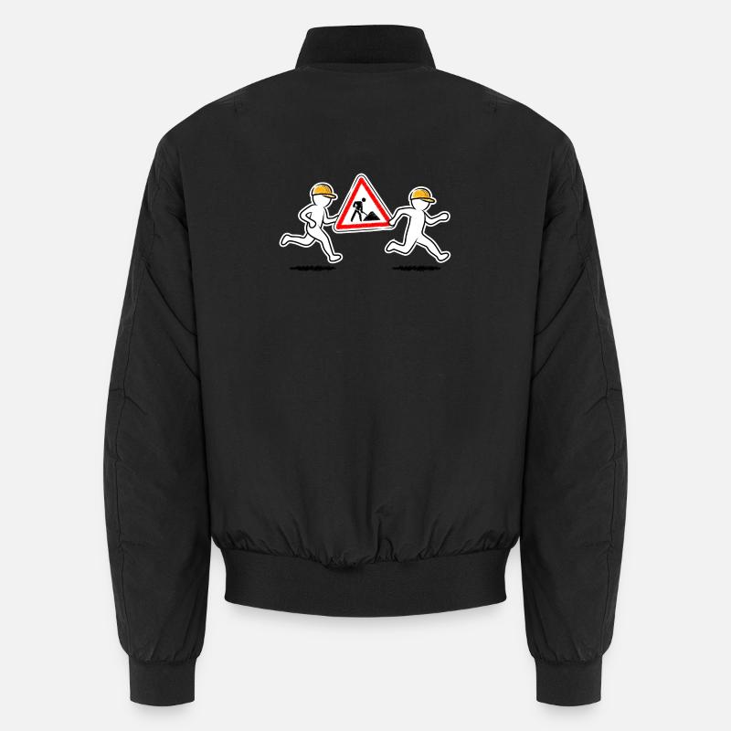 Two construction workers carry a construction site sign Unisex Bomber Jacket