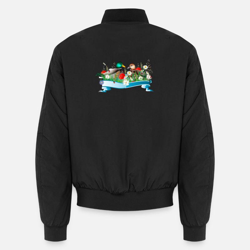 Enten Pärchen im See mit frühlingshaftem Ufer Unisex Bomberjacke