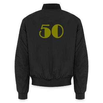 ANNIVERSARY. HAPPY BIRTHDAY. HAPPY BIRTHDAY. - Unisex Bomber Jacket - black - Back - AI Model Male 185 light (185cm)
