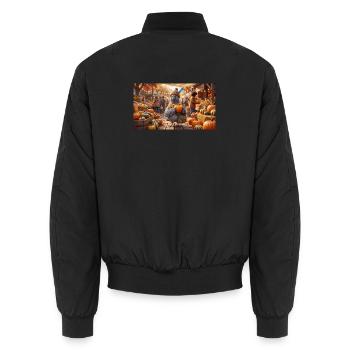 Cute Pigeon with Pumpkin at Autumn Market - Unisex Bomber Jacket - black - Back - AI Model Male 185 light (185cm)