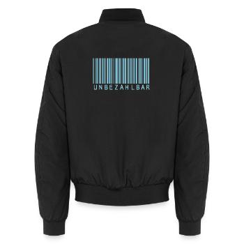 Barcode Hellblau "UNBEZAHLBAR"  - Unisex Bomberjacke - Schwarz - Hinten - AI Model Male 185 light (185cm)