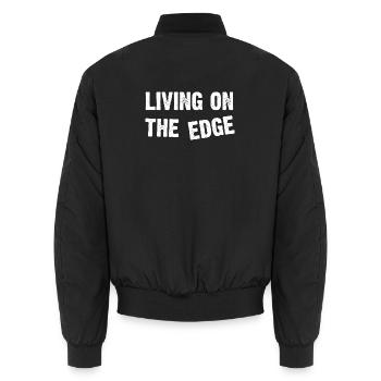 Living on the Edge Fette Typografie - Unisex Bomberjacke - Schwarz - Hinten - AI Model Male 185 light (185cm)