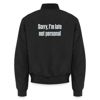 Entschuldigung, dass ich zu spät bin. Nicht persönlich, ADHS, neurodivergent. - Unisex Bomberjacke - Schwarz - Hinten - AI Model Male 185 light (185cm)