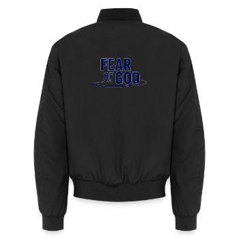 Fear ofBold Typograph y Emblem - Unisex Bomber Jacket - black - Back - AI Model Male 185 light (185cm)