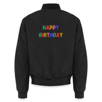 HAPPY BIRTHDAY. HAPPY BIRTHDAY. ANNIVERSARY. - Unisex Bomber Jacket - black - Back - AI Model Male 185 light (185cm)