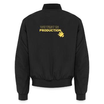 "We test in production" - running joke with coders - Unisex Bomberjacke - Schwarz - Hinten - AI Model Male 185 light (185cm)