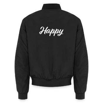 Logotype « Happy » blanc - Bomber unisexe - noir - Dos - AI Model Male 185 light (185cm)