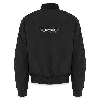 MONIKA Schriftzug mit Zierlinien - Unisex Bomberjacke - Schwarz - Hinten - AI Model Male 185 light (185cm)