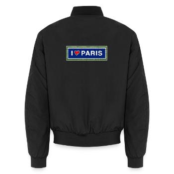 Vintage-Retro-Metrostation-Schild ICH LIEBE PARIS - Unisex Bomberjacke - Schwarz - Hinten - AI Model Male 185 light (185cm)