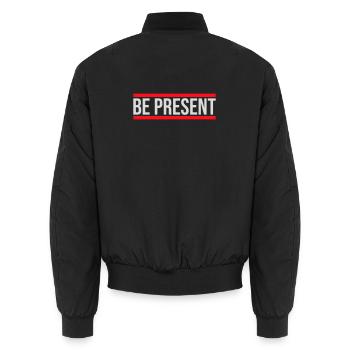 Be present at the moment here and now Quote Text - Unisex Bomber Jacket - black - Back - AI Model Male 185 light (185cm)