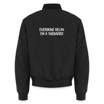 Everyone Relax I’m a Therapist Retro Humor - Unisex Bomber Jacket - black - Back - AI Model Male 185 light (185cm)