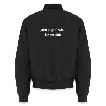 "Ein Mädchen, das Dnb liebt" – Drum and Bass Outfit Rave - Unisex Bomberjacke - Schwarz - Hinten - AI Model Male 185 light (185cm)
