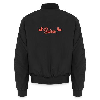 SWITZERLAND. COUNTRY. GENEVA. FLAG - Unisex Bomber Jacket - black - Back - AI Model Male 185 light (185cm)
