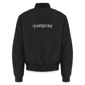 NEW --- #JustPray:  For Everyone! - Unisex Bomber Jacket - black - Back - AI Model Male 185 light (185cm)