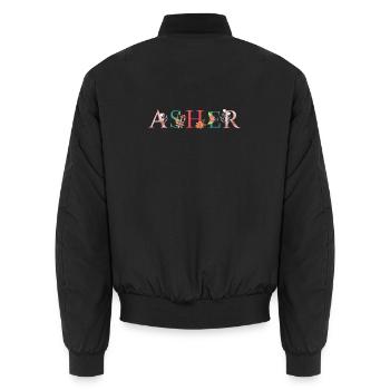 Art du nom ASHER avec des fleurs brodées - Bomber unisexe - noir - Dos - AI Model Male 185 light (185cm)
