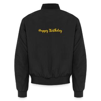 HAPPY BIRTHDAY. HAPPY BIRTHDAY. ANNIVERSARY. - Unisex Bomber Jacket - black - Back - AI Model Male 185 light (185cm)
