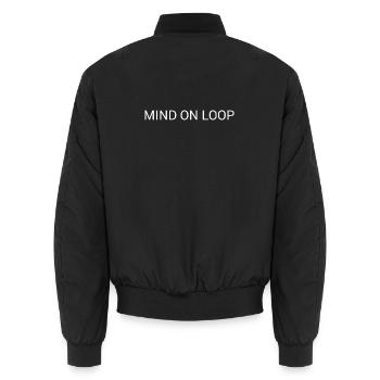Mind on Loop – Minimal Overthinking Text Design - Unisex Bomber Jacket - black - Back - AI Model Male 185 light (185cm)