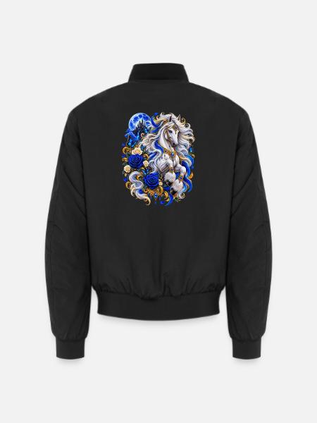 Weißes Fantasy Pferd mit blauen Rosen - Unisex Bomberjacke - Schwarz